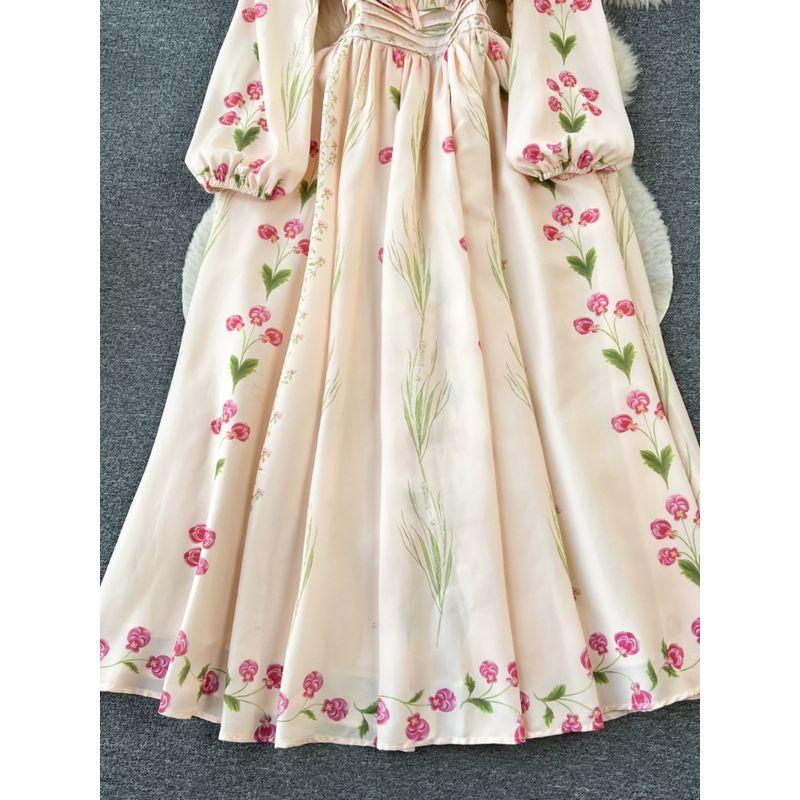 Long Sleeves Positioning Print Swing Slimming Retro Dress