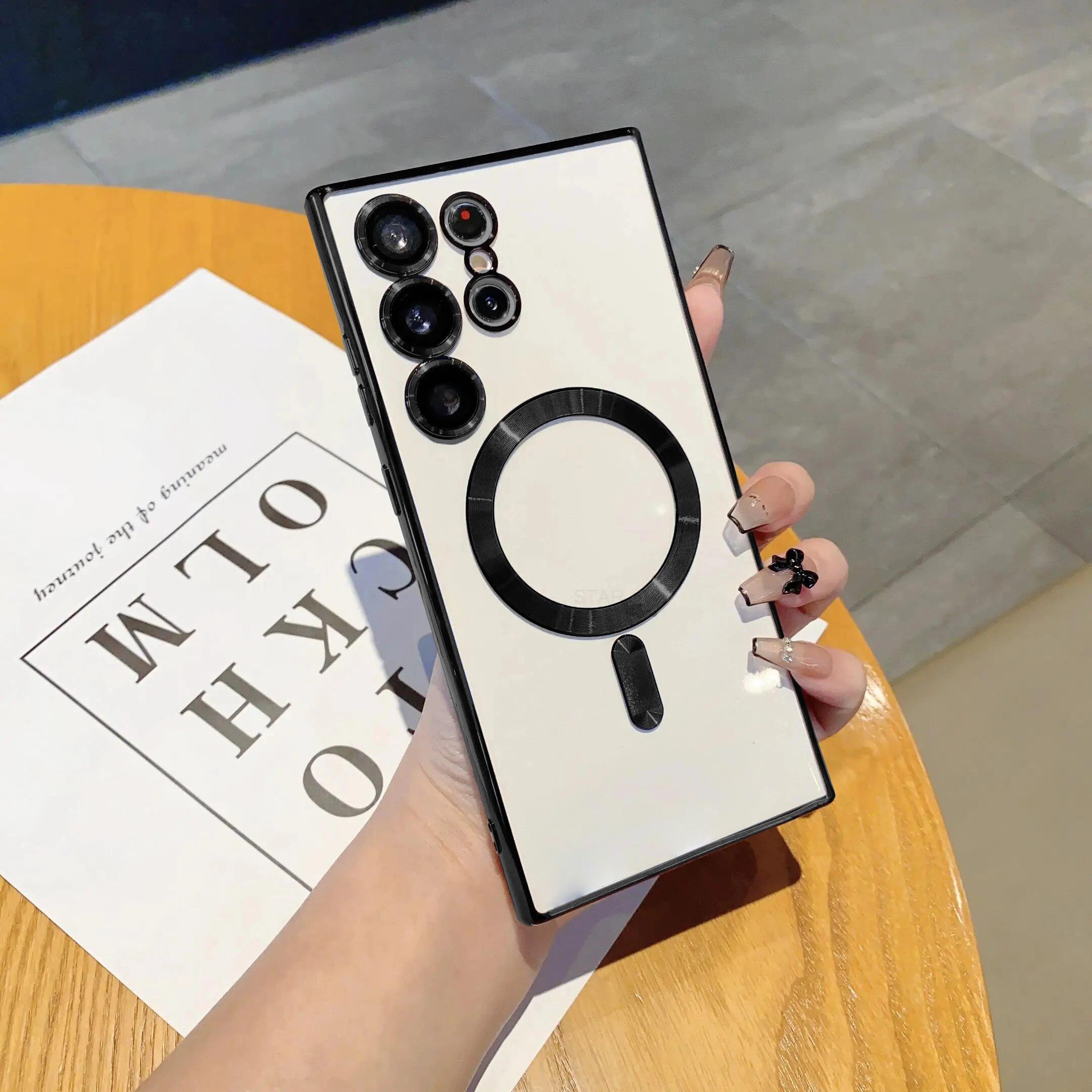 

Luxury Plating Transparent Case For Samsung Galaxy S24 S23 S22 Ultra Plus For Magsafe Wireless Charge Protection Lens Film Cover For Galaxy S22 Plus чорний