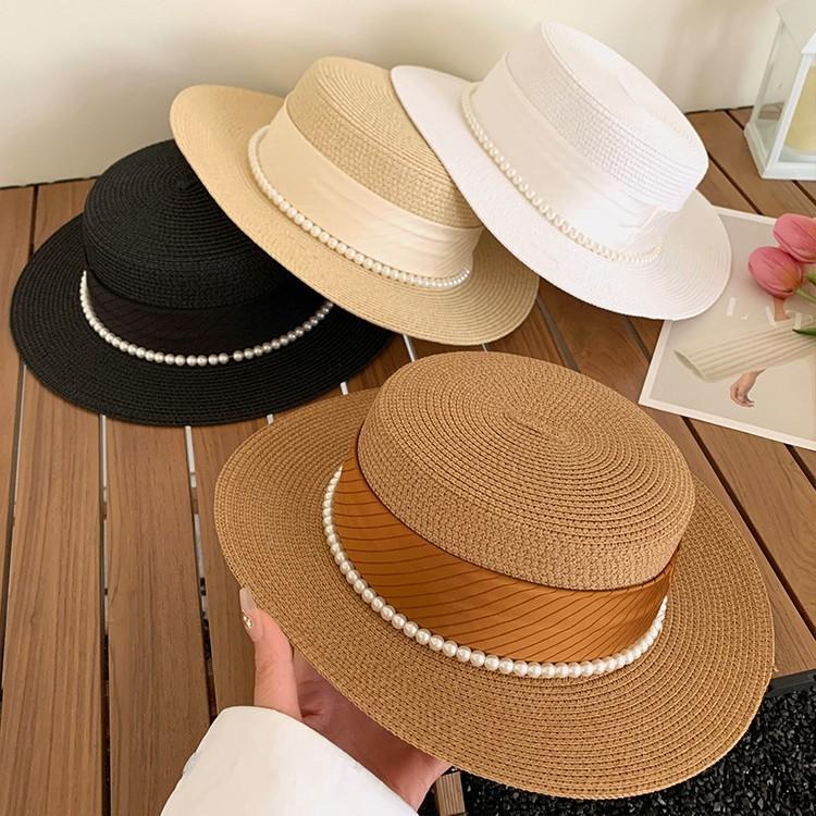 French Celebrity Style Flat Top Top Hat New Summer Elegant Pearl Straw Seaside Sun Hat Children