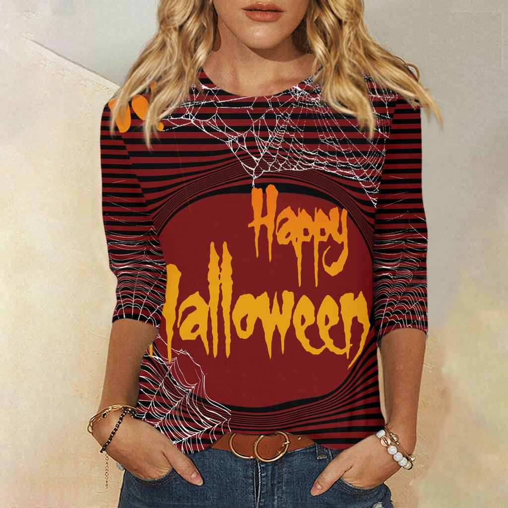 2024 New Women's Halloween Long Sleeve T-Shirt Spider Web Print Round Neck Casual Basic Loose Ladies Designer Tops
