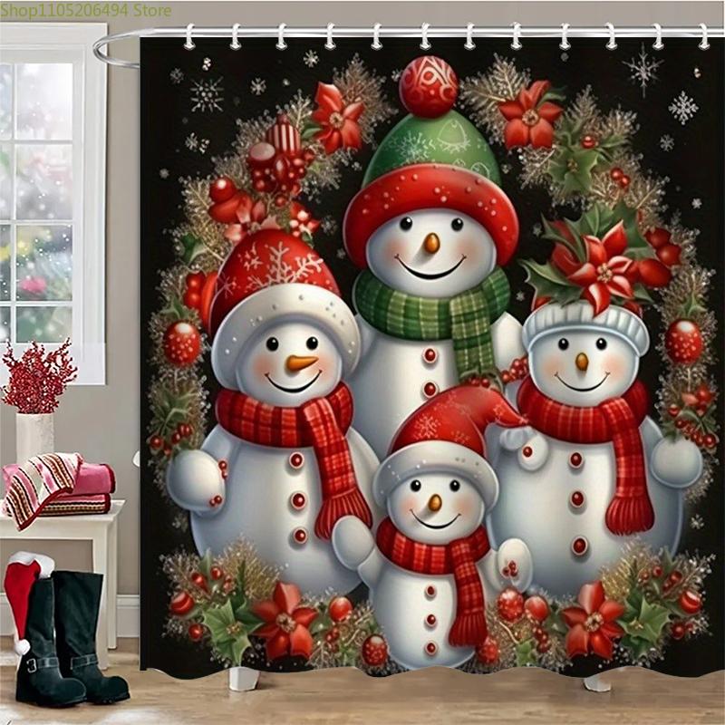 Christmas Tree Snowman Print Bathing Curtain Bathroom Shower Curtain With 12 Hooks bathroom home decor and accessories
