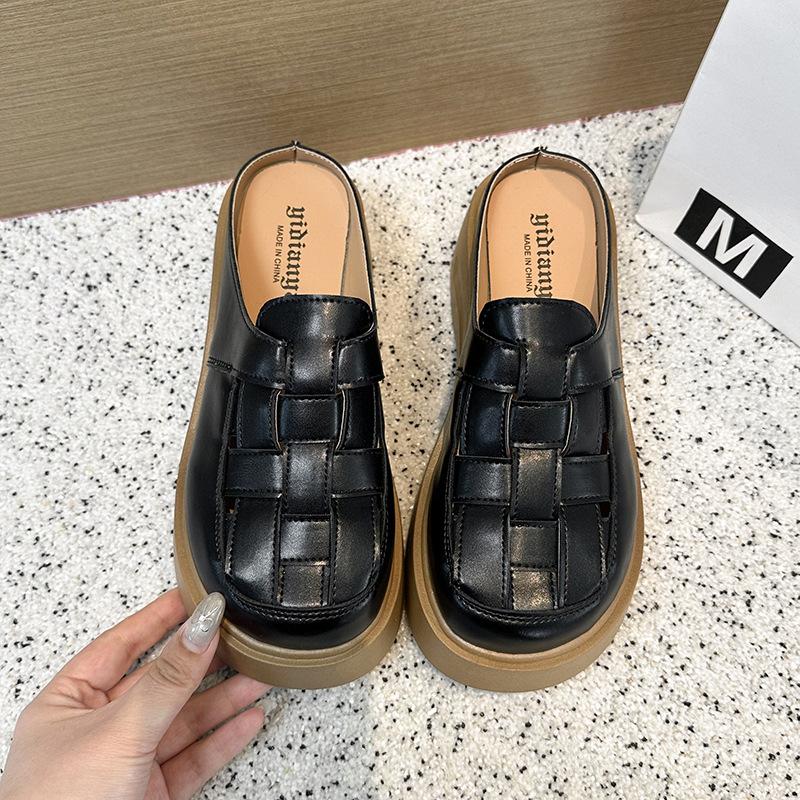 2025 New Thick-soled Heightening Half-slippers Women's Summer Outer Wear Hollowed-out One-pedal Roman Bag Head Sandals Woven Slippers