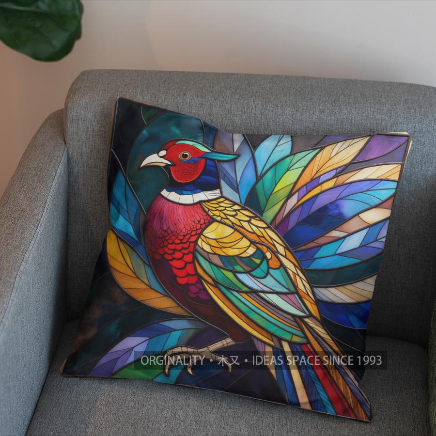 2D Stained Glass Style Pheasant-Printed Pattern Cushion Cover Suitable For Sofa Bedroom Car Pillow Cover