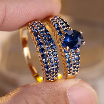 2 Pcs/set Golden Color Round Cut Blue Stone Claw Ring Set Wedding Band Valentine's Day Jewelry