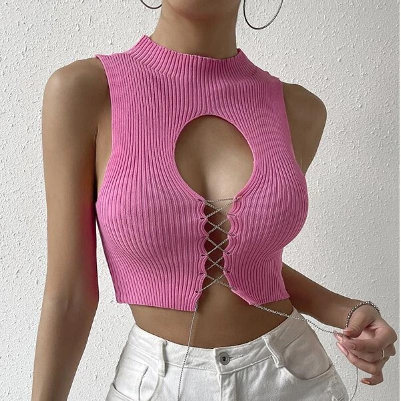 Women Crochet Knit Tank Top Y2K Hollow Out Button Down Sweater Vest Sleeveless V Neck Knitted Crop Top Streetwear