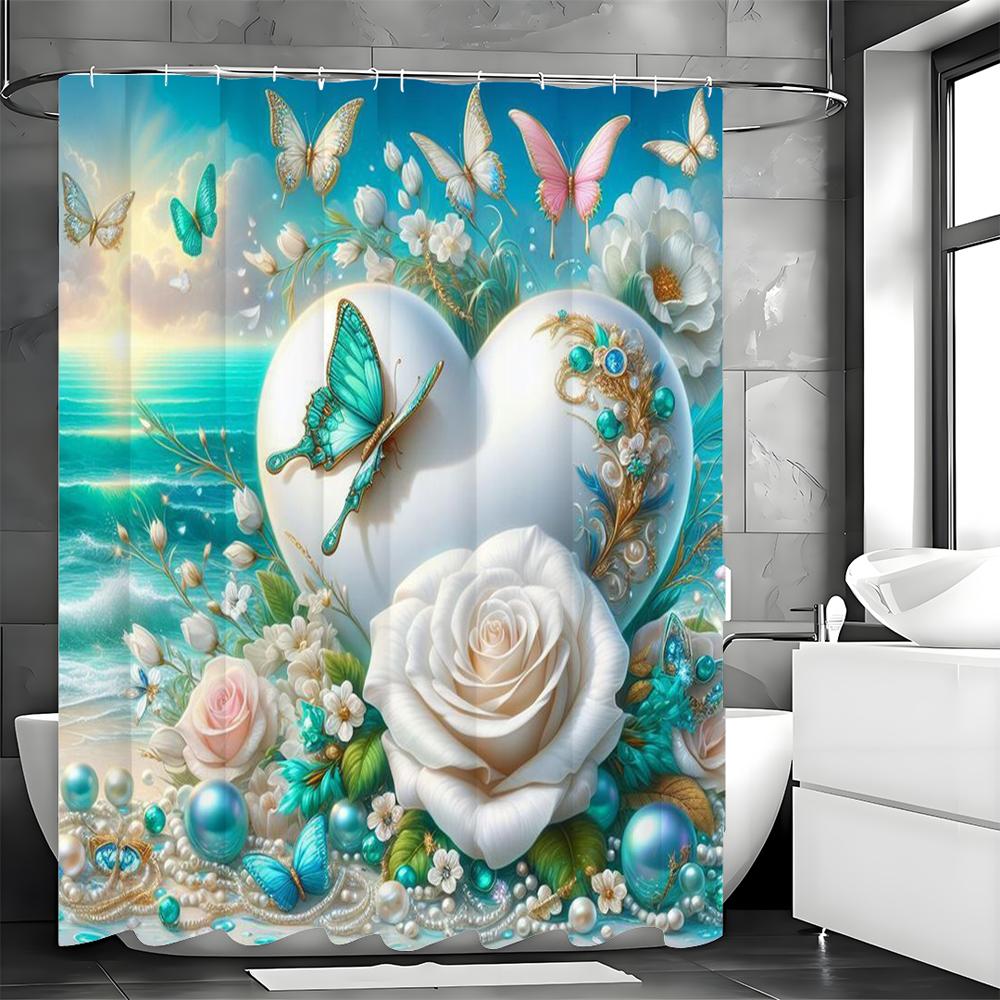 

Синий Океан Пляж Любовь Розы Цветок Бабочка Занавеска для душа, Декоративная занавеска для душа для ванной комнаты, Водонепроницаемая занавеска для душа с 90*180cm