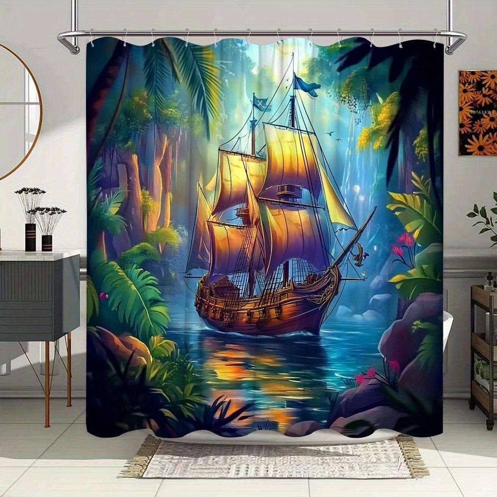Shower Curtain - Turquoise Ocean, Intricate Rigging, Greenery, Cliffs, Misty Mountains, Bright Sky, Water-Resistant Polyester W90xH180cm