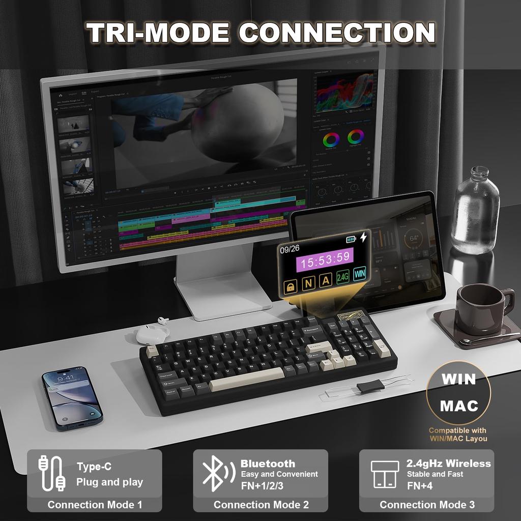 YUNZII IF99 Layout Wireless Gaming Keyboard with Mechanical LCD Technical Standards Certification Cocoa Cream V2 96% Bluetooth/2.4G/Wired Screen,