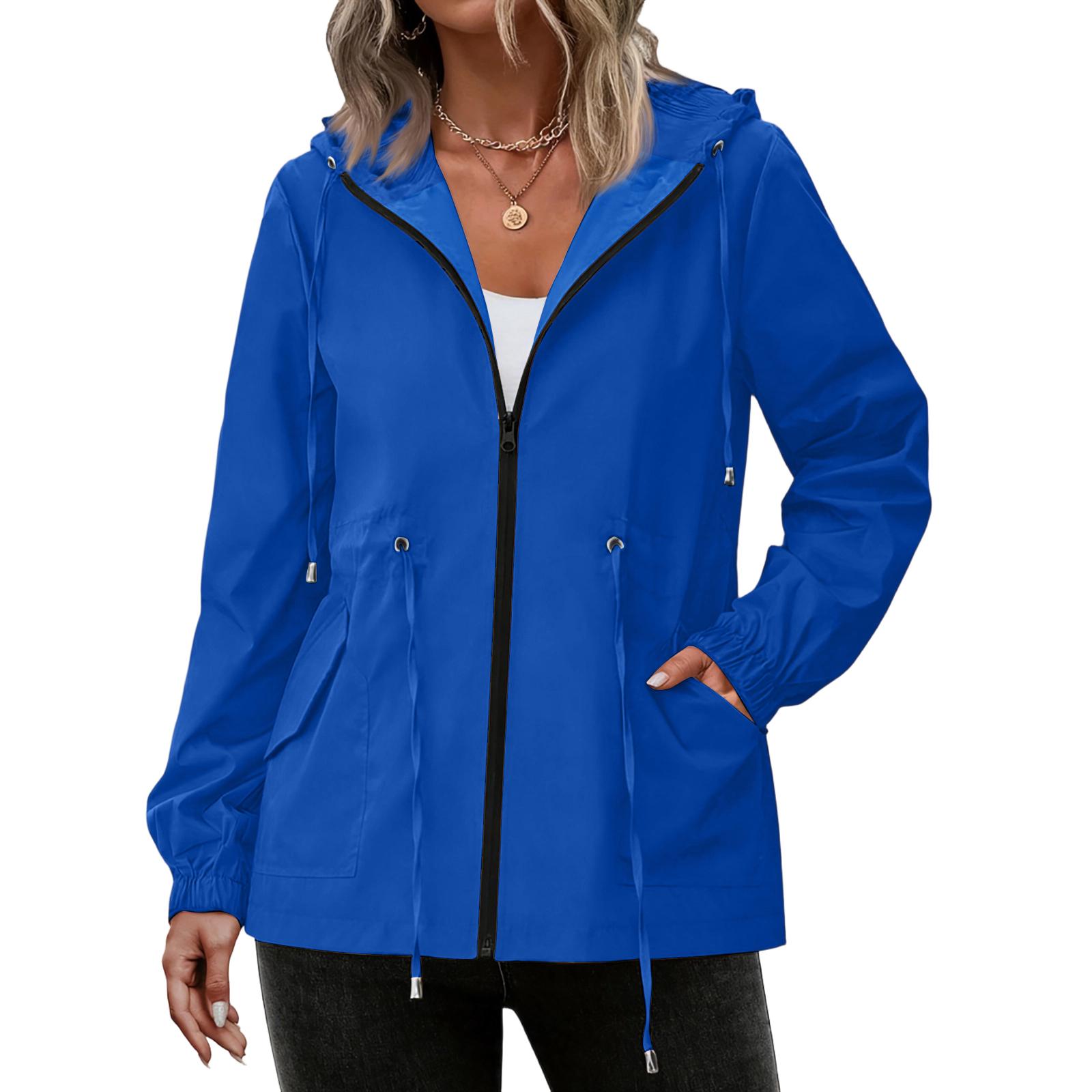 

Women s Solid Hooded Jacket Outdoor Windbreaker Waterproof Lightweight Zip Up Windproof Coat Plus Size Casual Outerwear L синий
