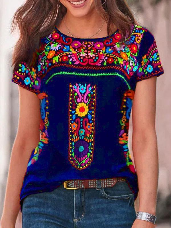 2022 Bohemian Print Women's Round Neck Short Sleeve T-shirt