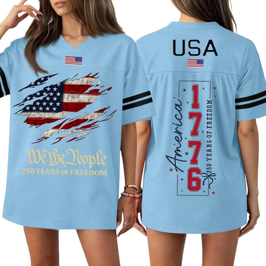 Damska Codzienna Modna Koszulka Sportowa z Dekoltem V z Nadrukiem na Dzień Niepodległości Krótkim Rękawem Top