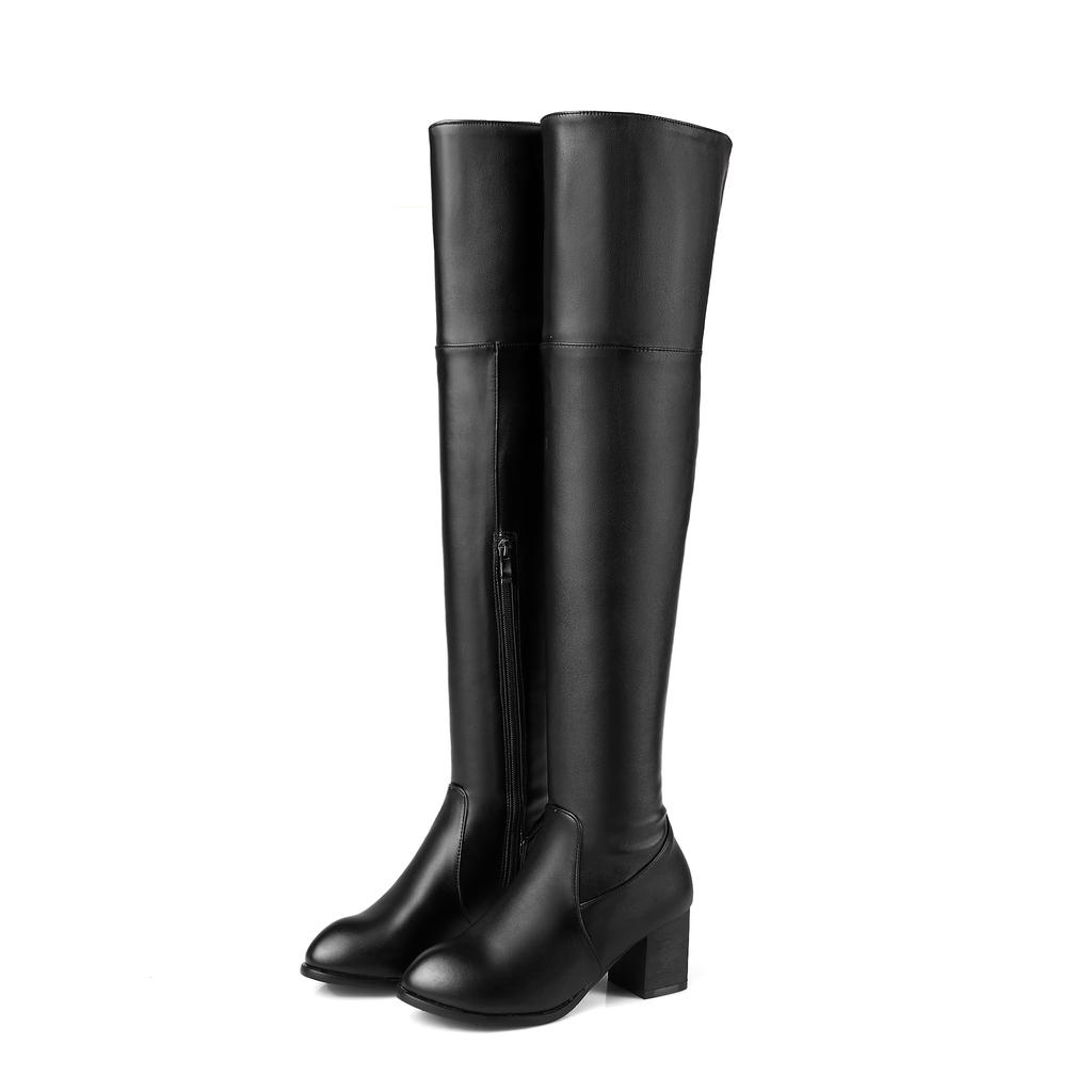 2025 Pure Color Elastic Pu Knee Boots Plus Size Round Toe Thick Heel Side Zipper Warm Inner Sleeve Slip On Long Women's Boots