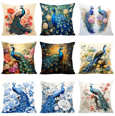 Nordic Style Oil Painting Peacock Cushion Cover 45x45cm Cotton Linen Sofa Cushion Cover, Home Decoration Pillowcase 40x40cm