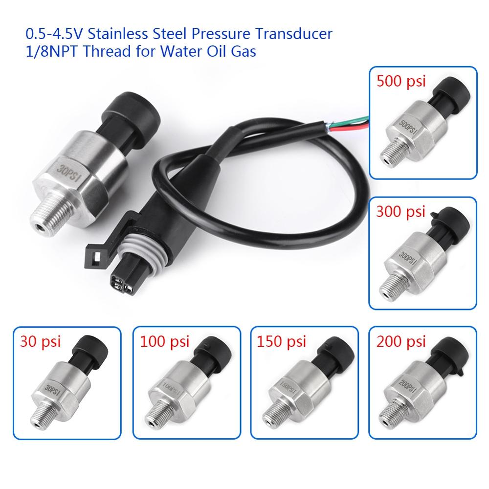 

DC 5V 1/8NPT Pressure Transducer Transmitte Sensor Thread Sender Sensor for Oil Water Stainless Steel 30/100/150/200/300/500 psi 500PSI