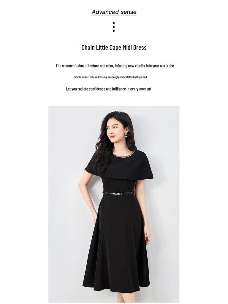 French Design Black Mid-Length Socialite Cape Dress for Women