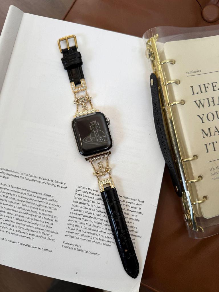 Kejsarinnan Saturnus Diamant Bambu Läderarmband för Apple Watch 11/Ultra/SE