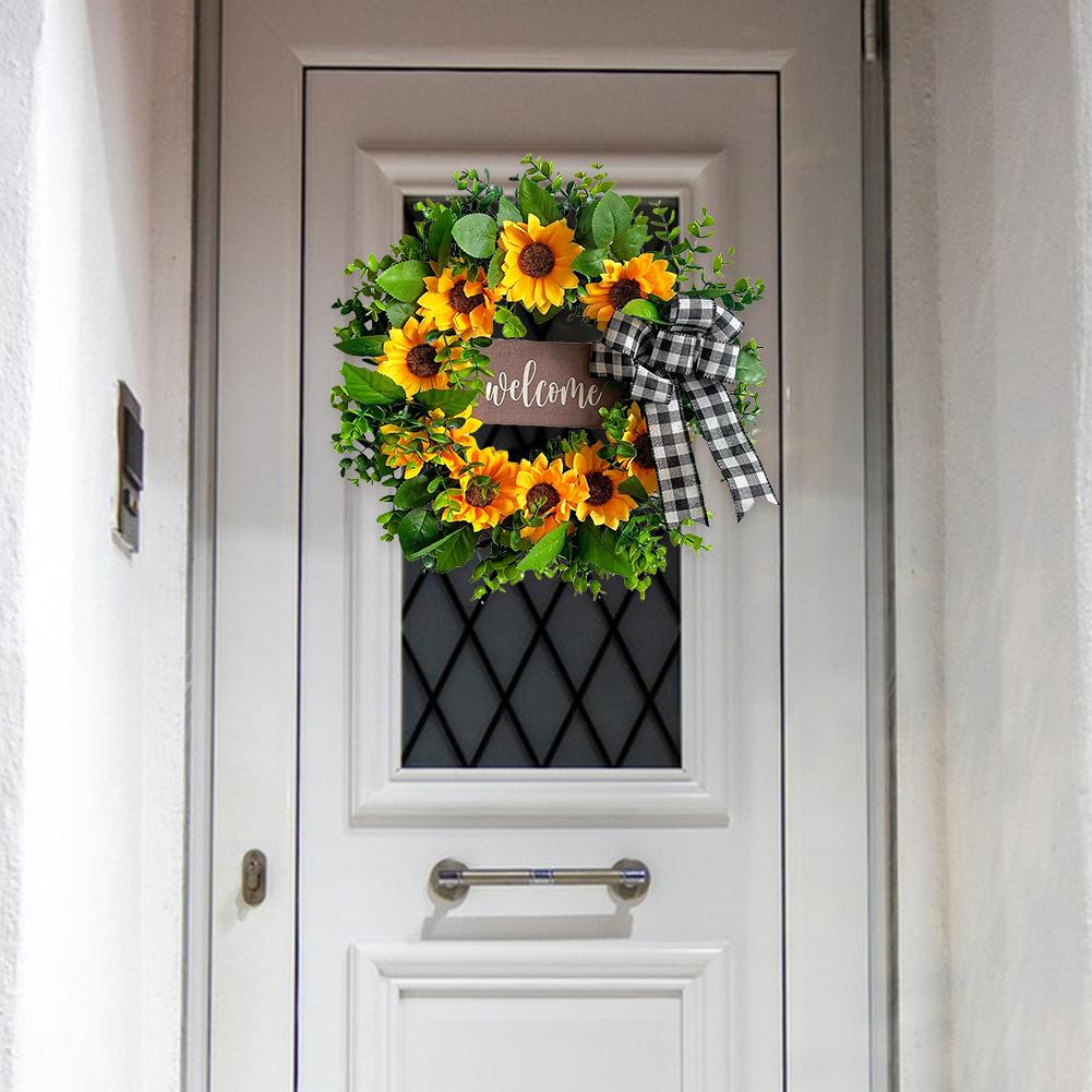 17 Inch Sunflower and Green Leaves Wreath for Front Door Fake Flower Wreath for Indoor Outdoor Home Wedding Window Wall Decor