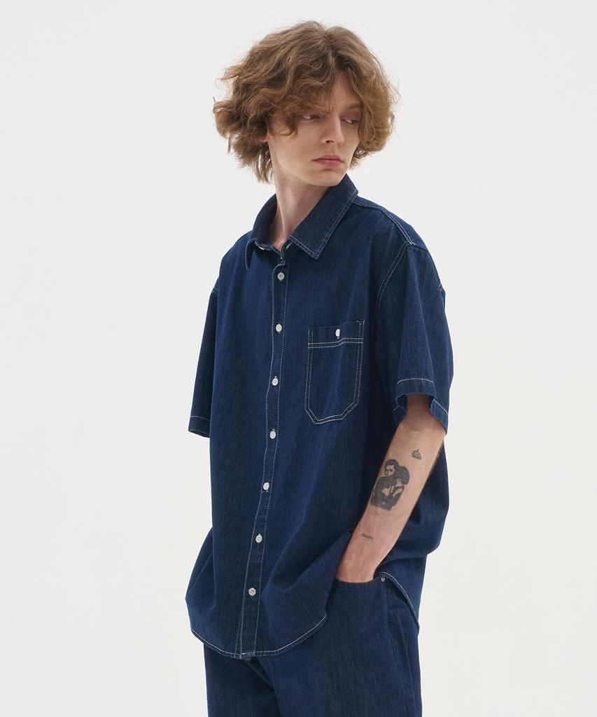 BLOND9 Pocket Half Denim Shirt_Dark Indigo