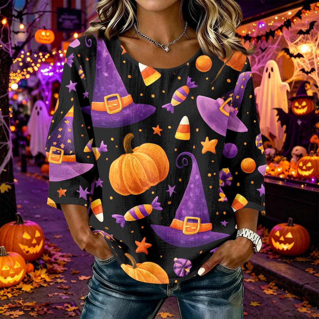 Women's Casual Halloween Print Round Neck Three Quarter Sleeve Linen Cotton Blend Top Comfortable Loose Fit Autumn Shirt