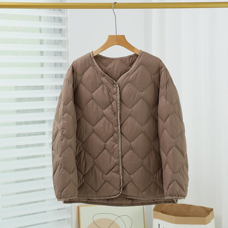 Women's Lightweight Collarless Down Jacket with Diamond Pattern - 2024 Autumn/Winter Collection, Casual V-Neck Layer.