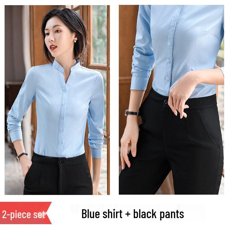 Women's Black Slim-Fit Professional Long-Sleeve Stand-Up Collar Shirt - New 2026 Business Formal Wear