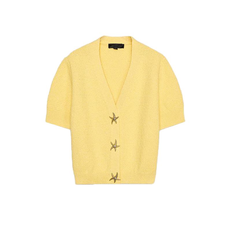 Summer New Product Women's Clothes French Style Design Short Sleeve V Neck XINGX-Shaped Button Decoration Knitting Outwear 6771066