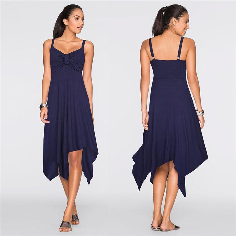 Fashion Summer Womens Sleeveless Vneck Dress With Irregular Printing And Strap Details