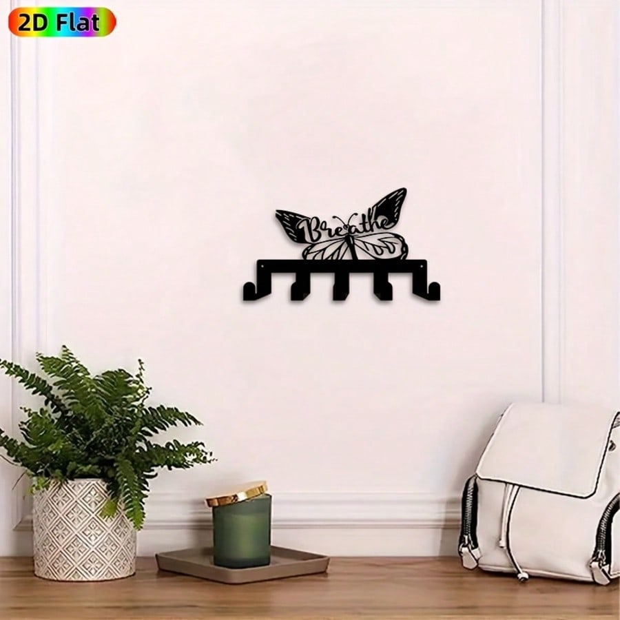 Vintage Black Butterfly Key Holder Metal Wall Art 5 Hooks Soul Wings Decor Gift