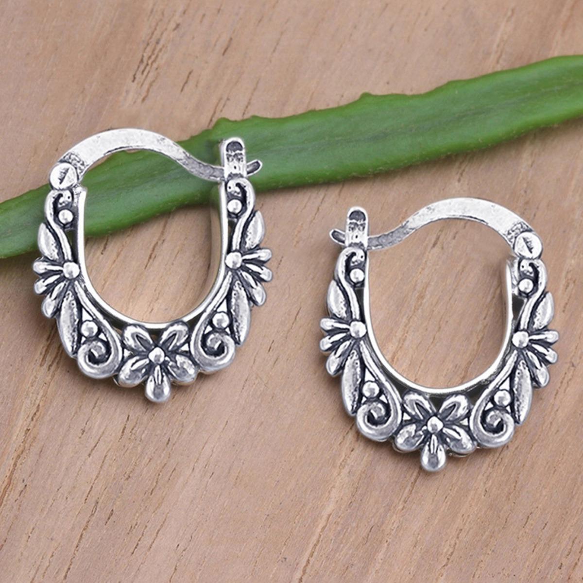 Vintage Oxidized Silver Flower Textured Hoop Earrings