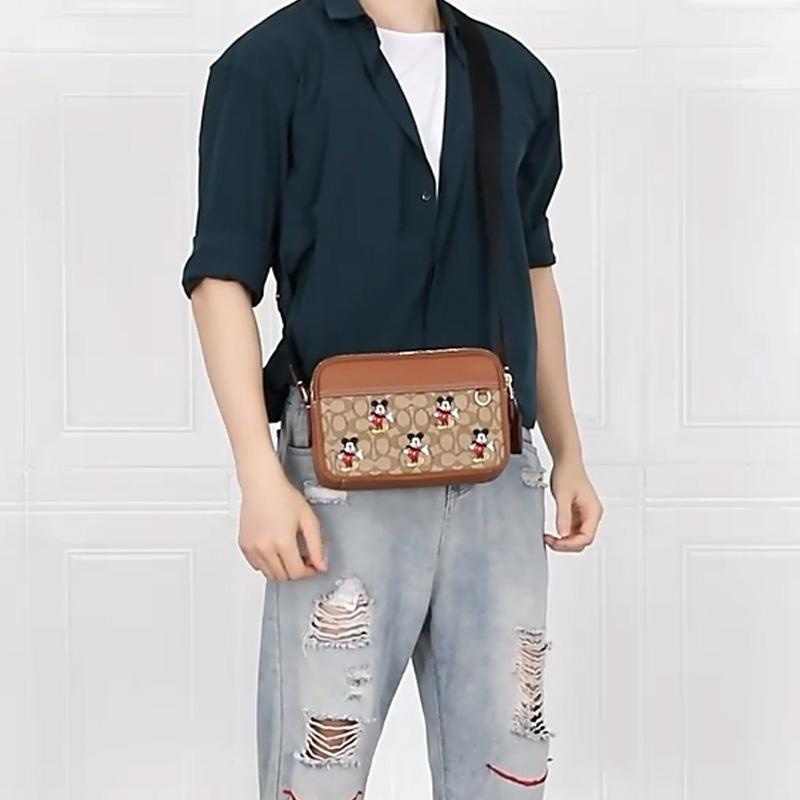 Coach X Disney Collaboration 22 Mickey Embroidered Color Block Multi-Slot Leather And Fabric Crossbody Bag Small Unisex Crossbody Bag CL960-B4KM