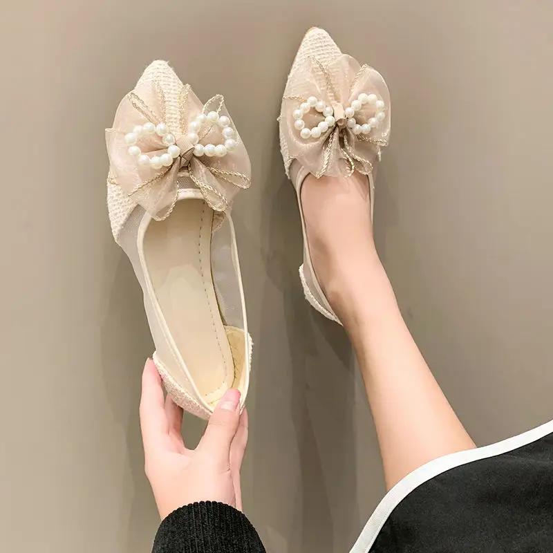 

Fashion Pointed Toe Ladies Footwear Pearl Women s Flat Shoes with Bow Quick Delivery Chic Point on Sale Y2k Spring High Quality Fashion 35