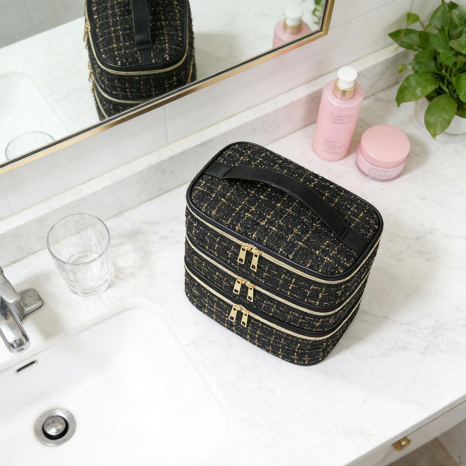 Bathroom Cosmetic Organizer Nail Polish Storage Bag Carrying Case Women Makeup for Conditioner Gold Black