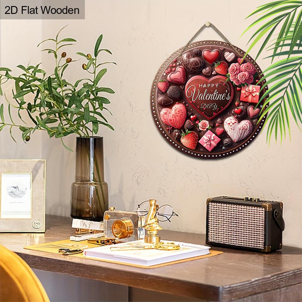 Happy Valentine's Day Chocolate Heart Wooden Sign, Round Front Door Decor, Sweet Treats & Roses Wall Hanging - Ideal Romantic Gift