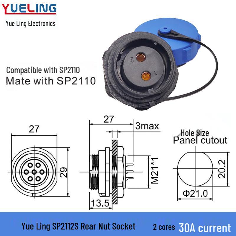 Weipu SP21 IP68 Waterproof 3-Core Aviation Plug with Rear Nut, 9-Pin Solder Connection.