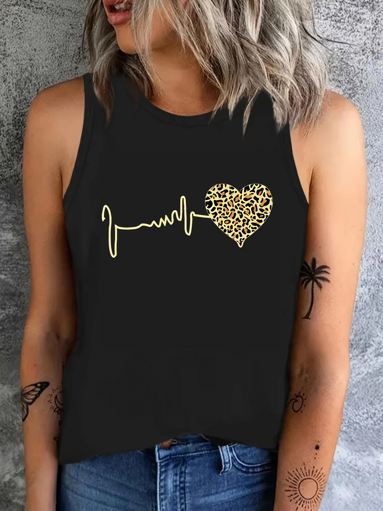 Vintage Vest T-shirt Leopard Heartbeat Tshirt Graphic Print Tank Top Women’s Sleeveless Crew Neck M