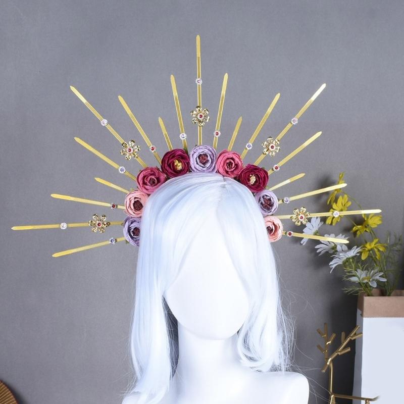 Elegant Rose Flower Hair Hoop Adjustable Size Sunbursts Headband with Rhinestones Comfortable Hairband Party Ornament