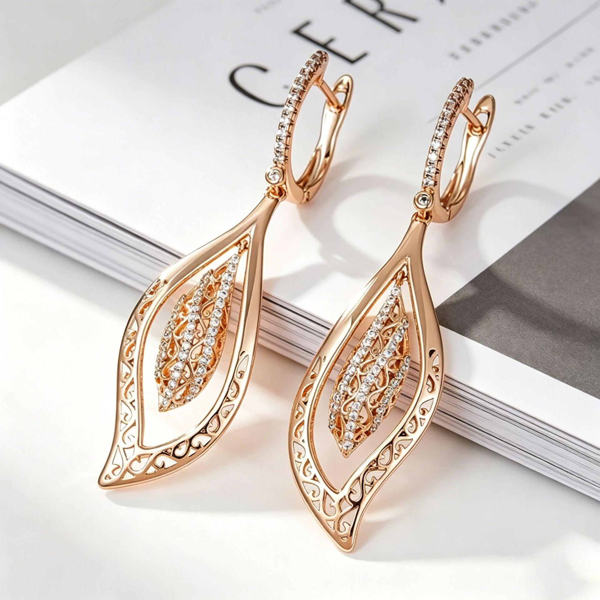 Yanbai Fashion Champagne Gold Willow Leaf Earrings with White Diamonds - Elegant, Versatile Women s Jewelry.