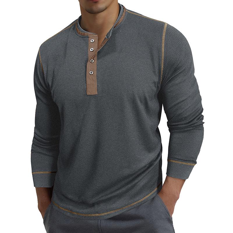 Men's Retro British Style Color Block Henley Long Sleeve Polo Shirt