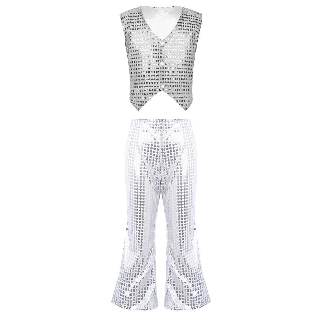 Kids Dance Costume Sparkly Sequined Waistcoat and Flowy Flared Pants Elastic Waistband Party Wear