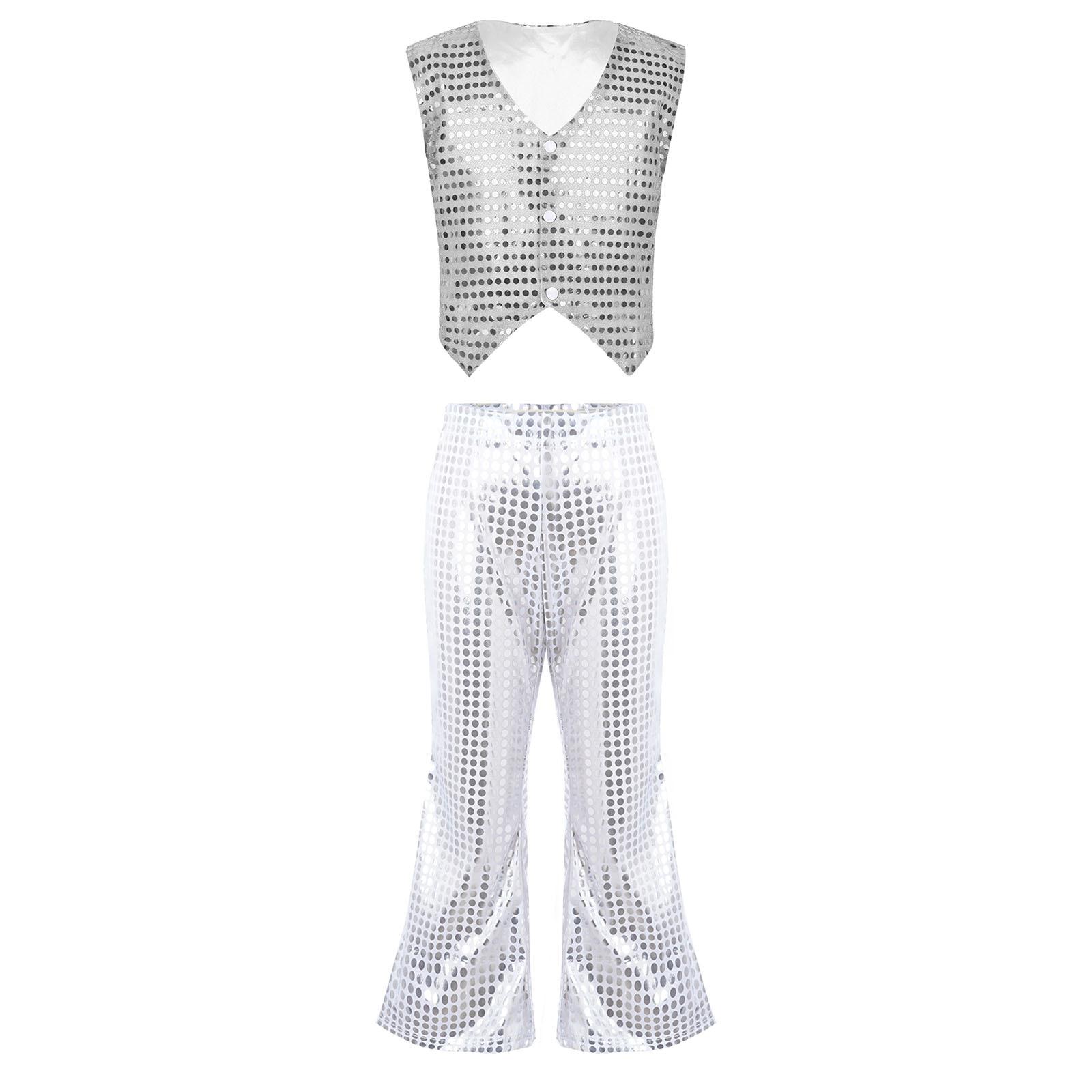 

Детский сценический костюм для мальчиков и девочек - Блестящий жилет с пайетками и расклешенные брюки с эластичной талией, комплект из двух предметов 7-8 Years серебряный