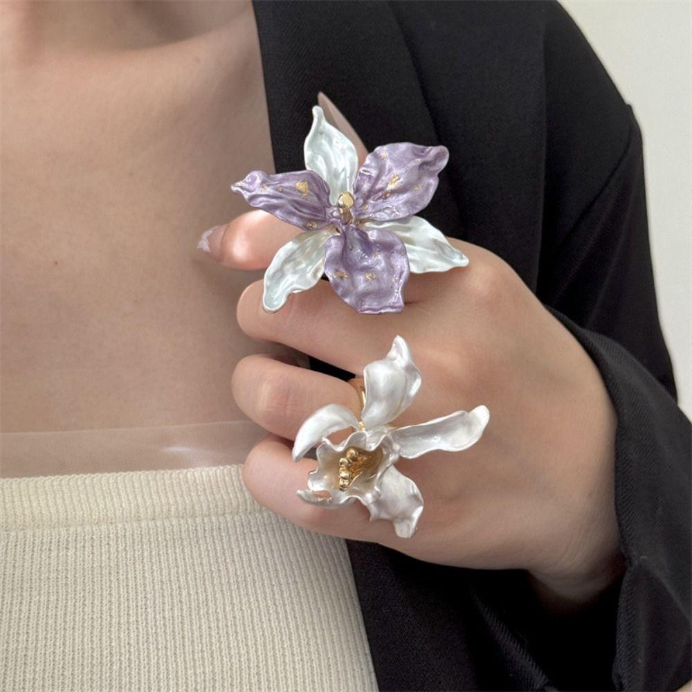 White Iris Flower Drip Oil Flower Ring Butterfly Orchid French Irregular Ring  Women