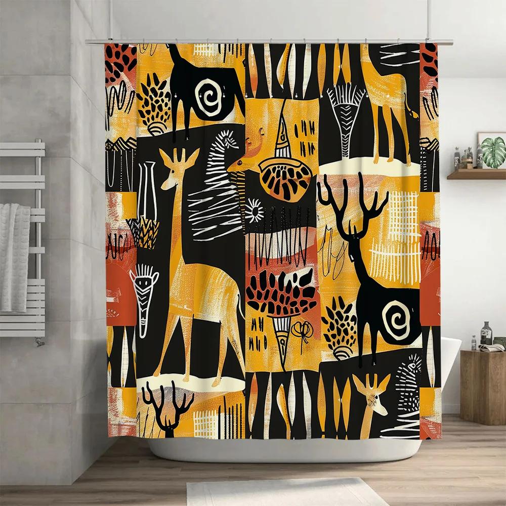 Stylish Animal Print Shower CurtainBlack Yellow Tribal Design for Bathroom Decorations Easy Install, Waterproof Fabric #Bathro