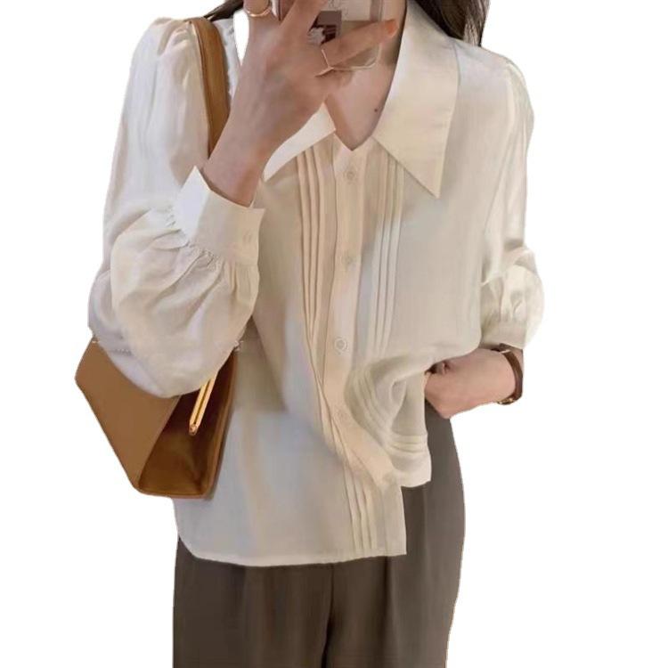 French lapel drape white shirt women's design sense niche loose top temperament retro bubble sleeve shirt thin