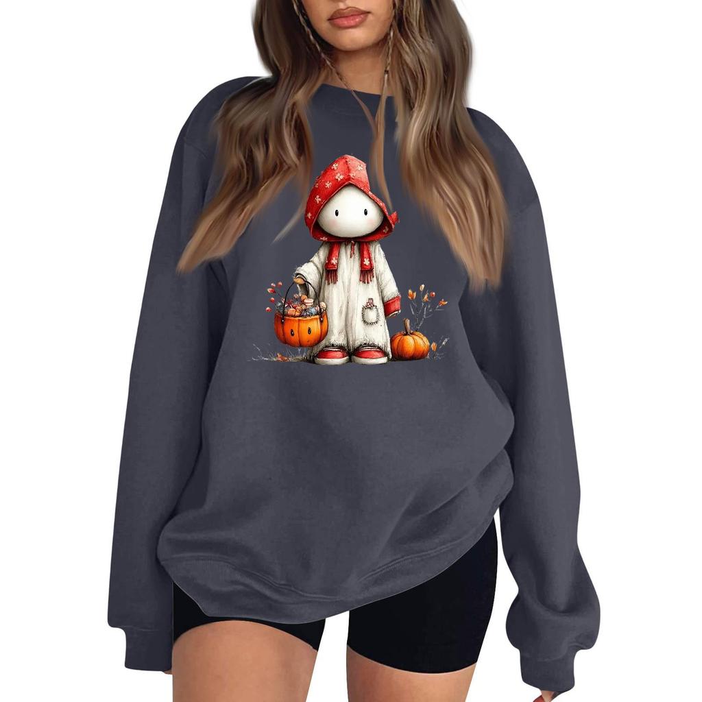 Women's Comfortable Round Neck Long Sleeve Sweatshirt Loose Fit Casual with Color and Halloween Print