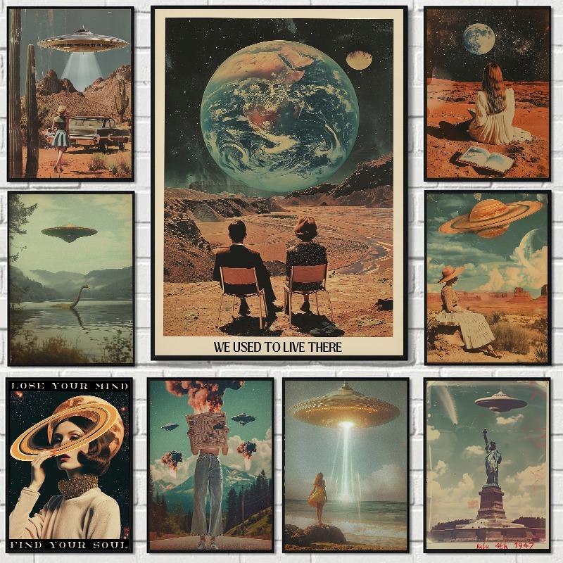 Surreal Cosmos Space UFO Sci Fi Poster Vintage Astronaut Alien Desert Canvas Painting Trendy Wall Art for Living Room Home Decor