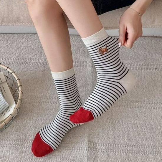 Striped Women's Mid-Calf Socks - Cute Cartoon Horse, Spring/Summer Pure Cotton, Trendy Japanese School Style.