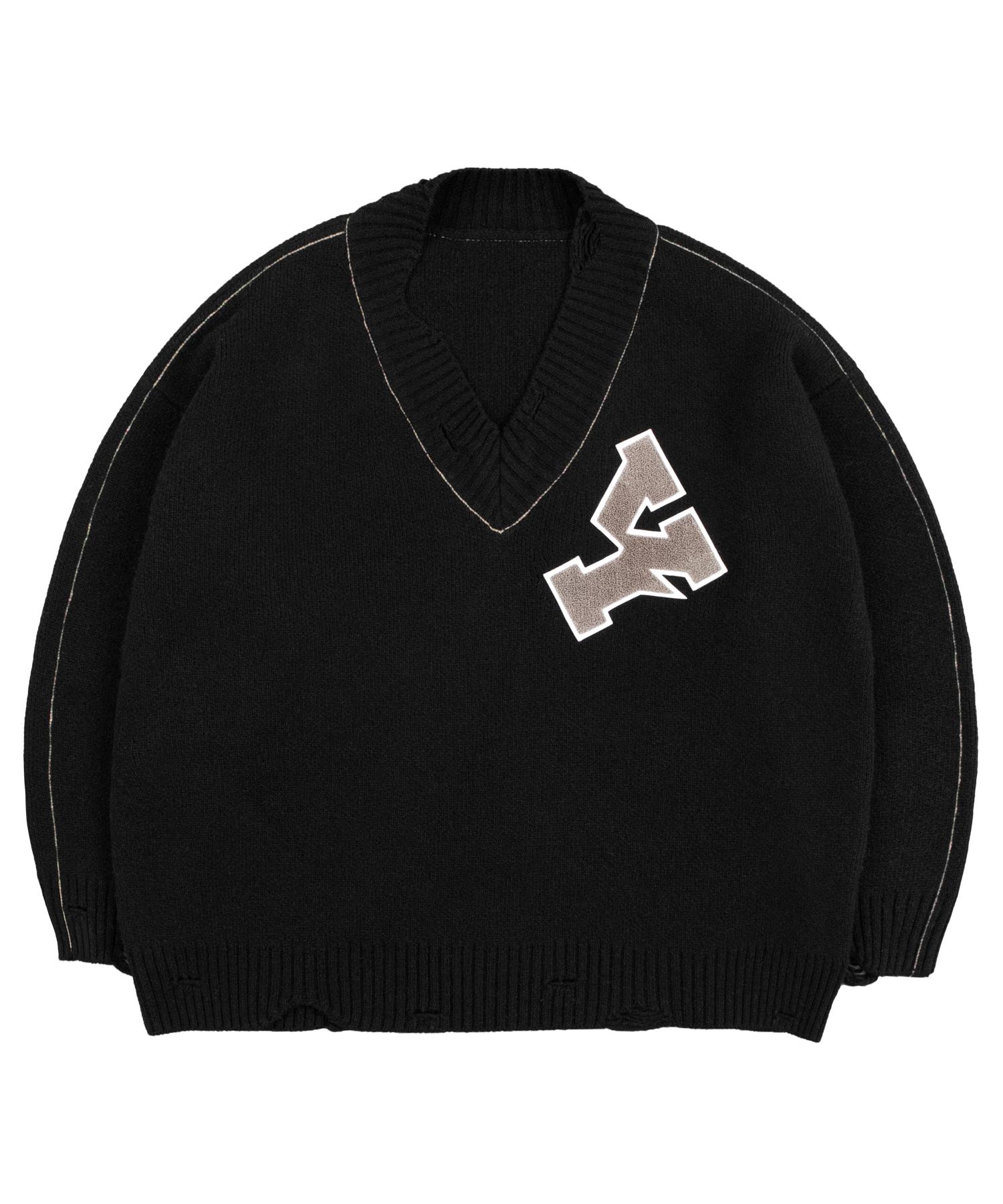 Oy Oversized Distressed Logo V-Neck Knit - Black Black/One Size