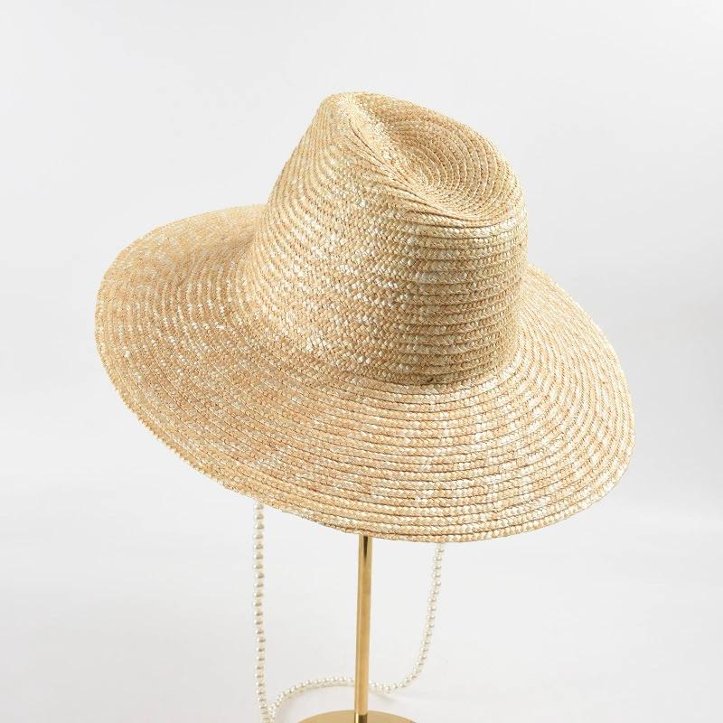 

202602-nu INS chic summer Handmade STRAW pearl ribbon lady fedoras cap women leisure holiday beach panama jazz hat head size 57cm бежевий