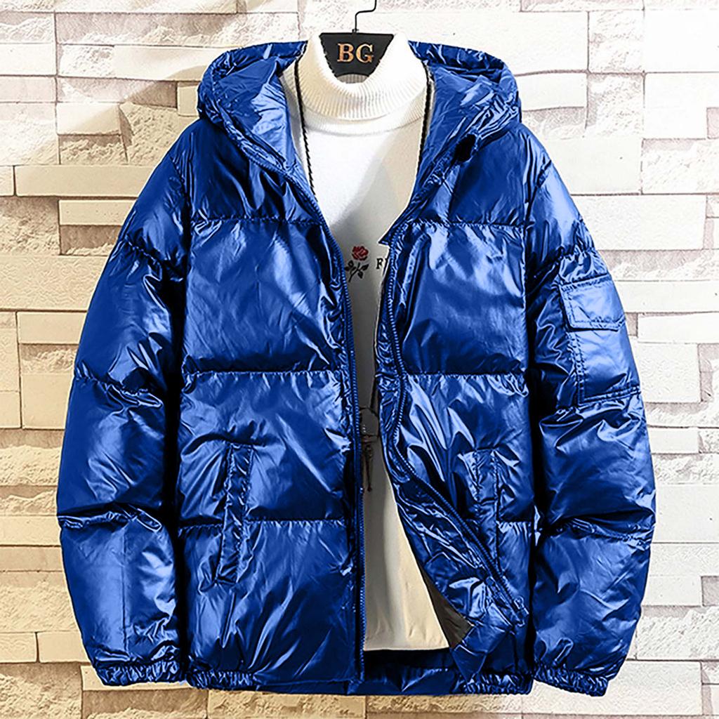 Men's Winter Parkas Solid Color Casual Glossy Warm Down Jacket With Hood Fashion Zipper Fleece Lined Puffer Outwears Jacket