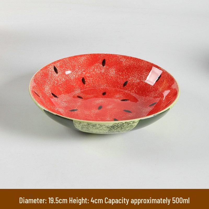 Hand-Painted Watermelon Design Large Ceramic Noodle Bowl with Underglaze Snails Pattern - Fresh, Deep & Stylish.